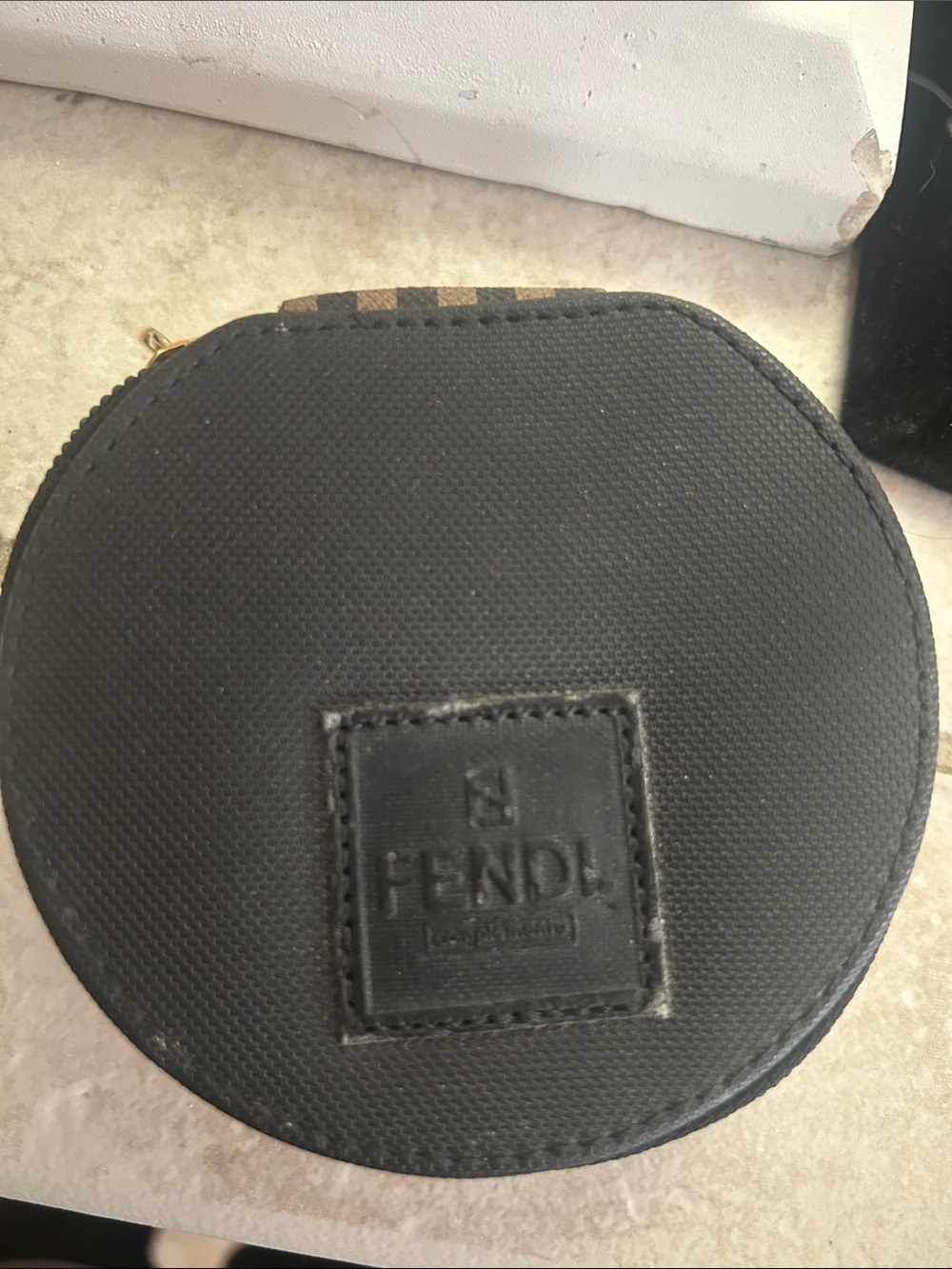Fendi Black Round Zip Coin Case with Branded Patch